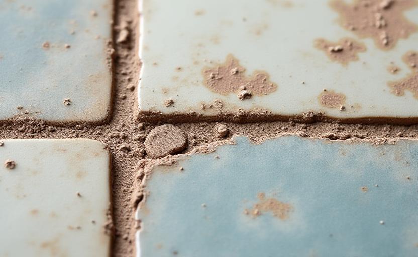 Detalle de un mosaico antiguo mostrando degradación por productos químicos